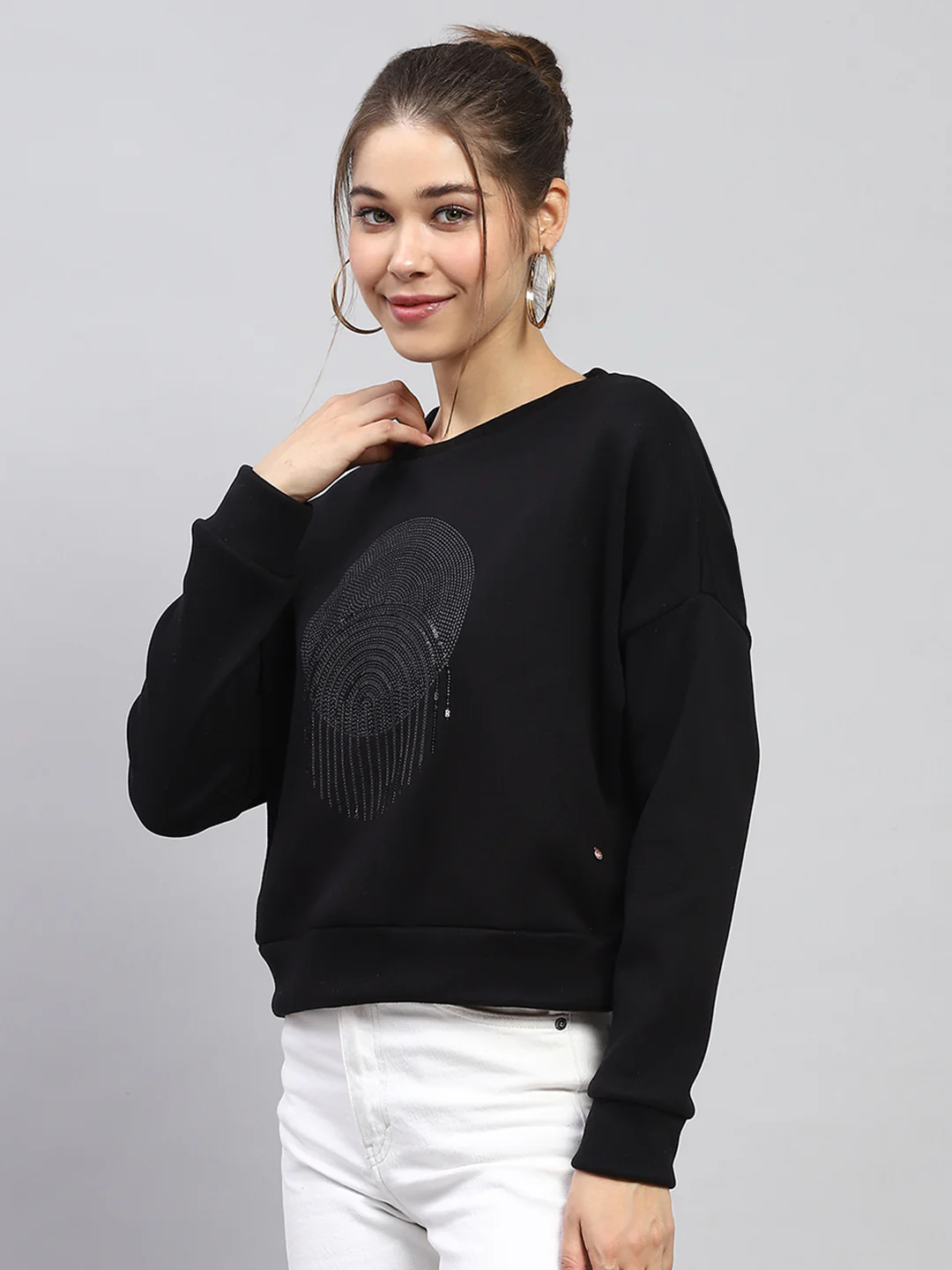 Women Black Embroidered Round Neck Full Sleeve Sweatshirt - Image 3