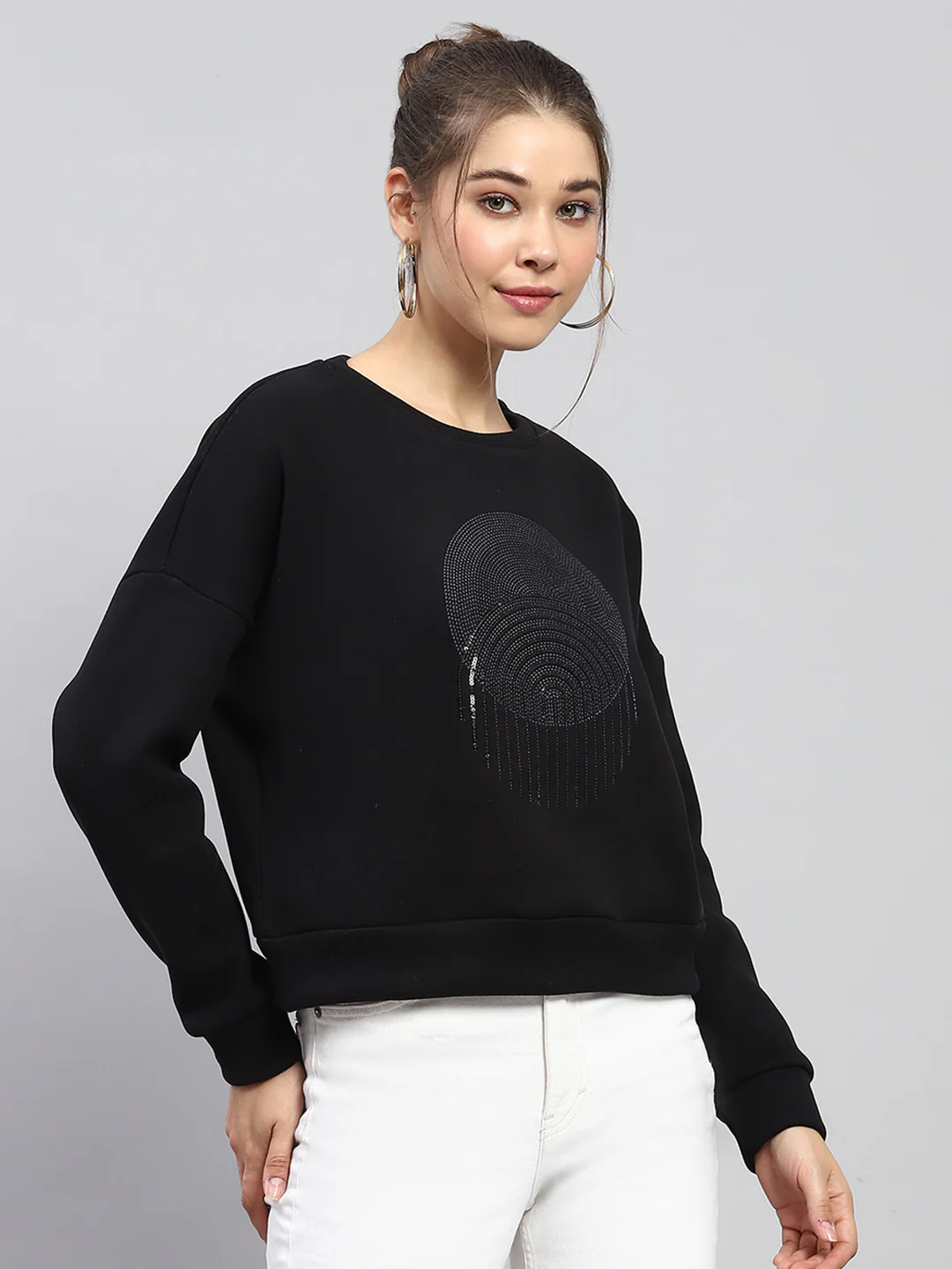 Women Black Embroidered Round Neck Full Sleeve Sweatshirt - Image 4
