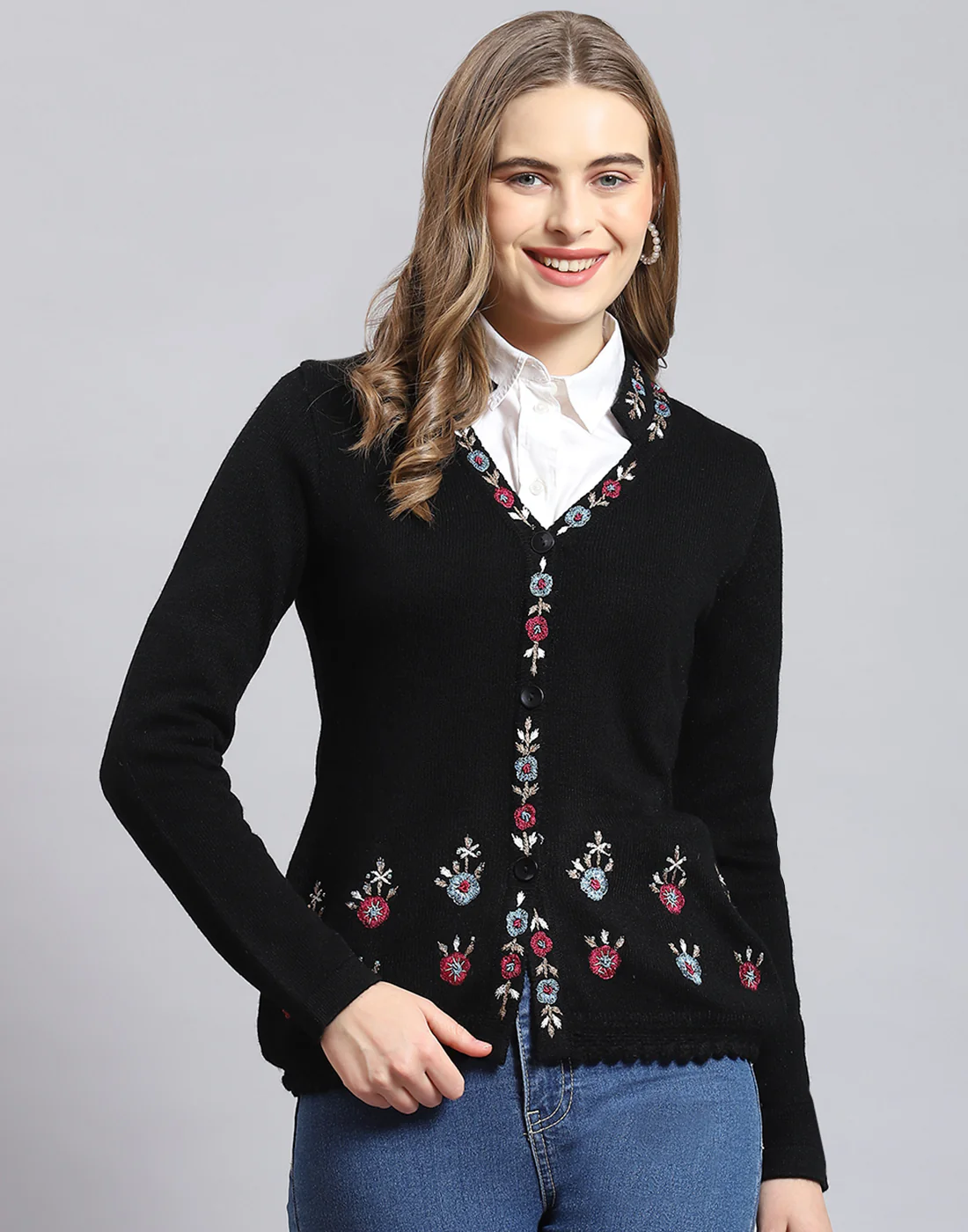 Women Black Embroidered V Neck Full Sleeve Cardigan - Image 2