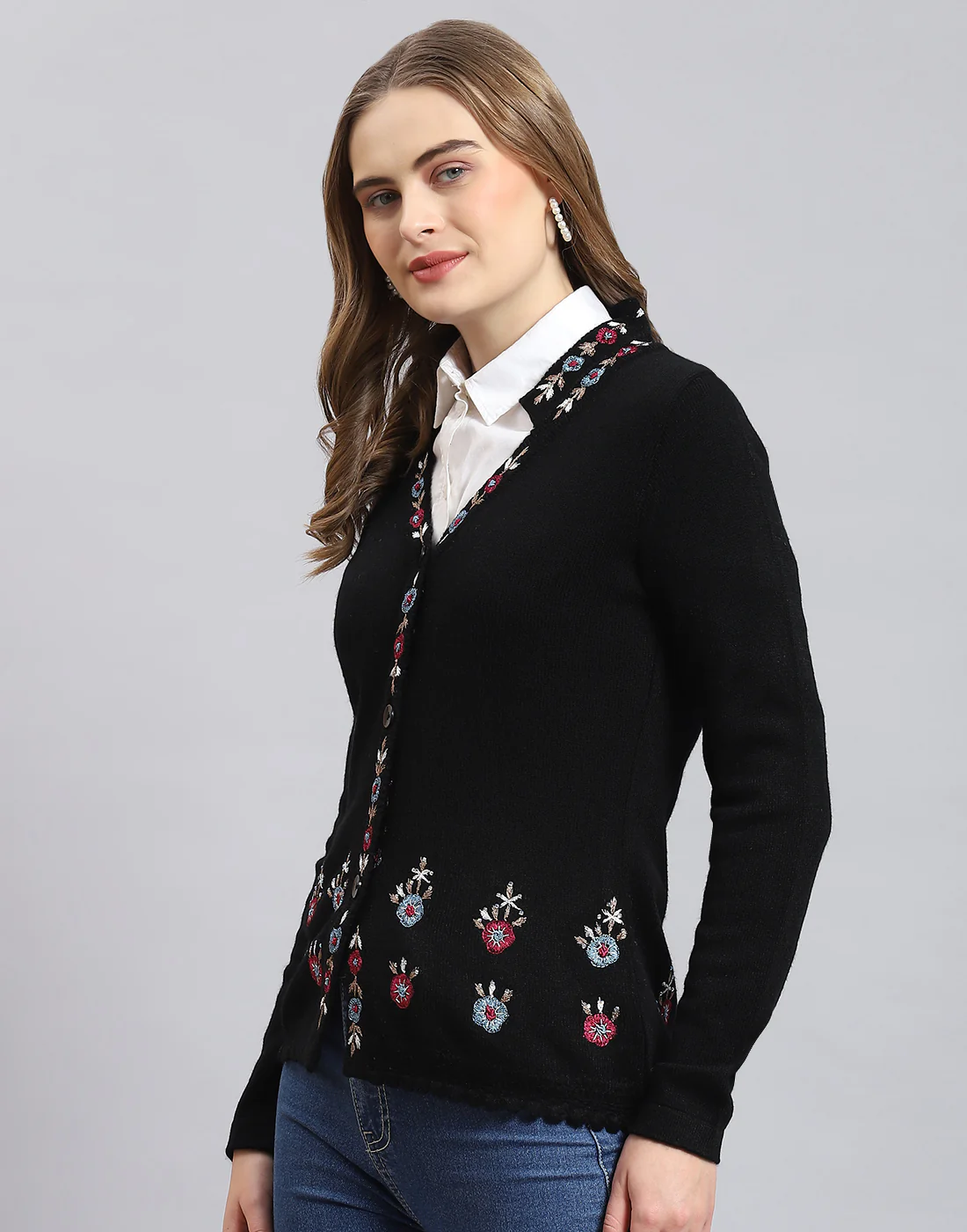Women Black Embroidered V Neck Full Sleeve Cardigan - Image 3