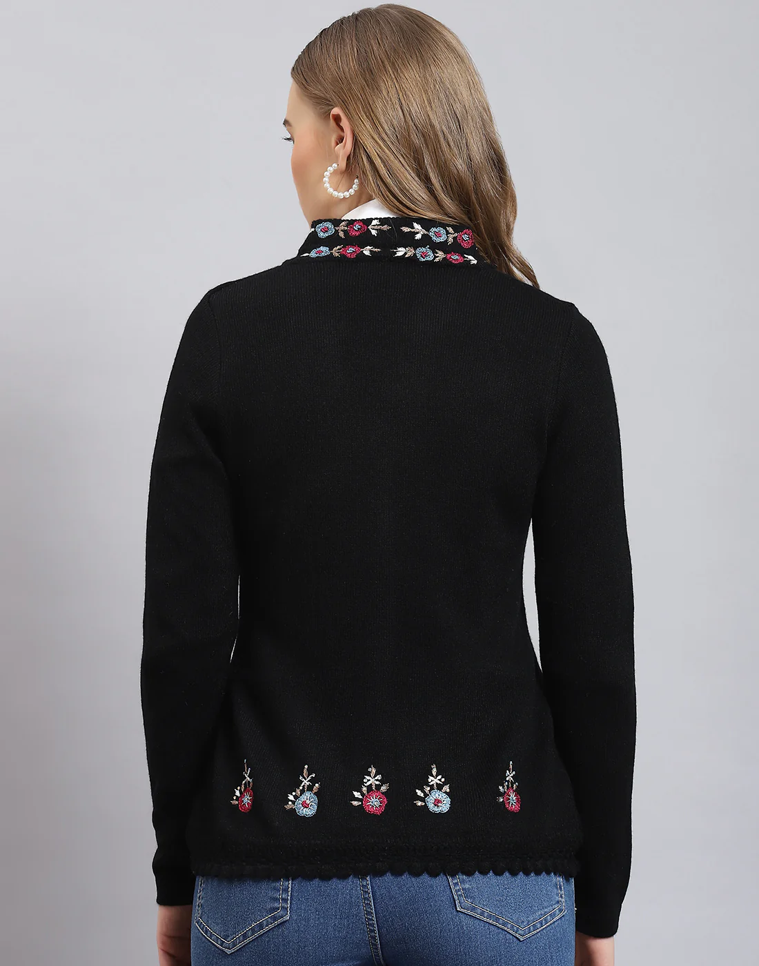 Women Black Embroidered V Neck Full Sleeve Cardigan - Image 5