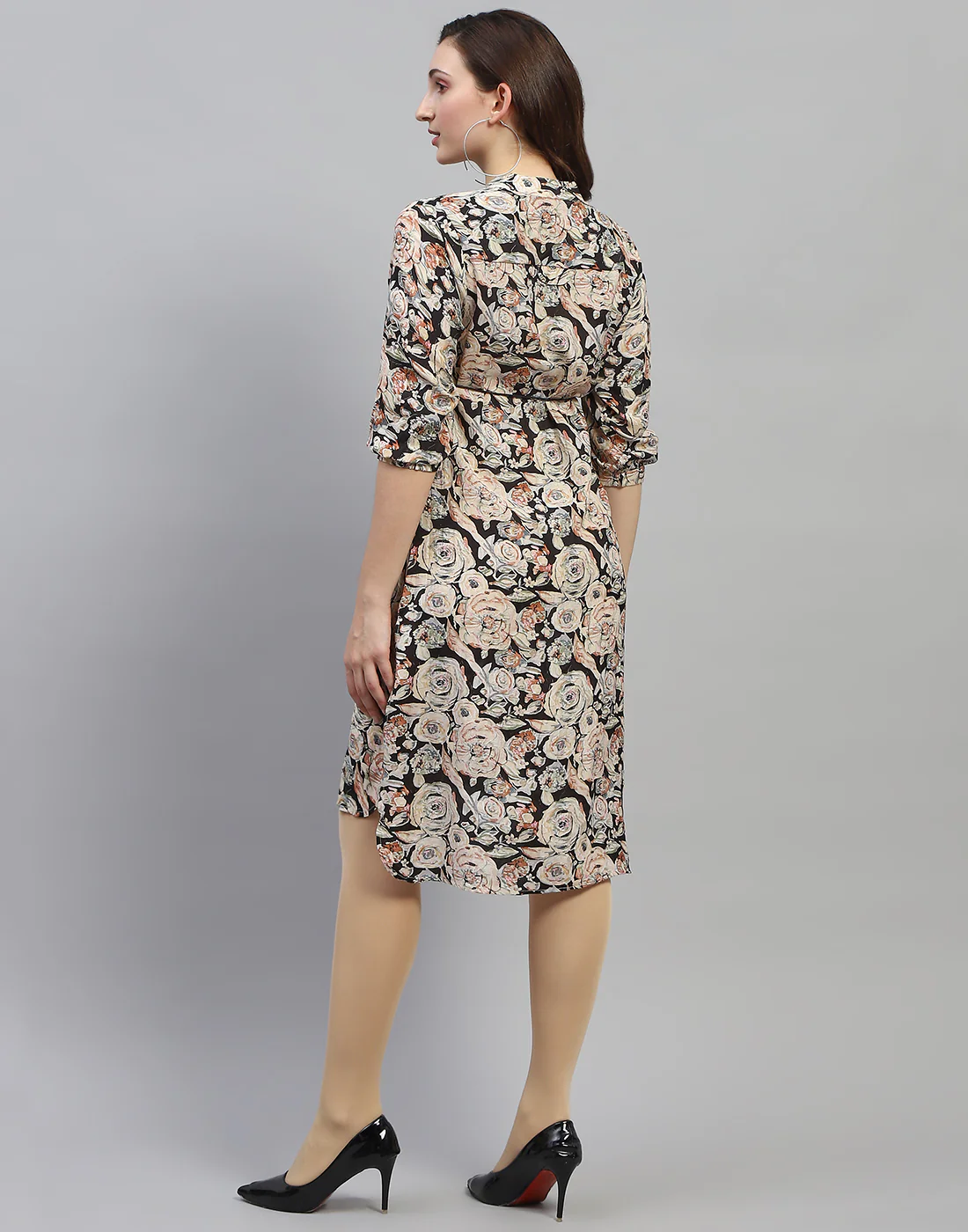 Women Black Floral Print V Neck 3/4 Sleeve Dress - Image 6