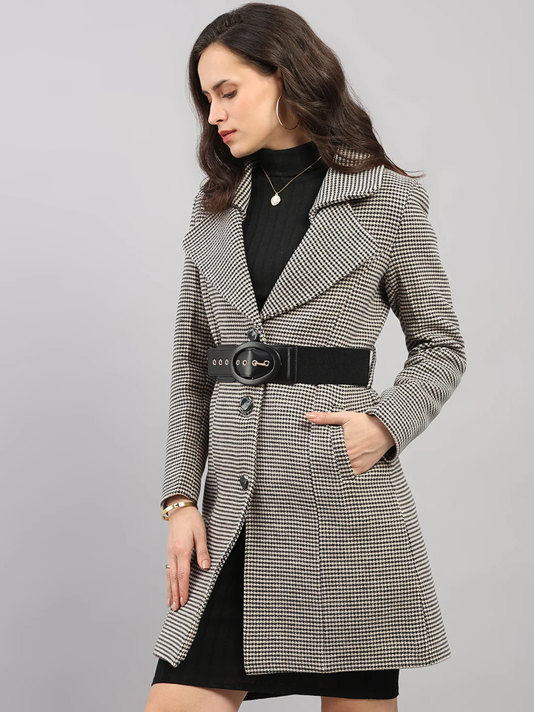 Women Black Jacquard Lapel Collar Full Sleeve Belted Long Coat - Image 3