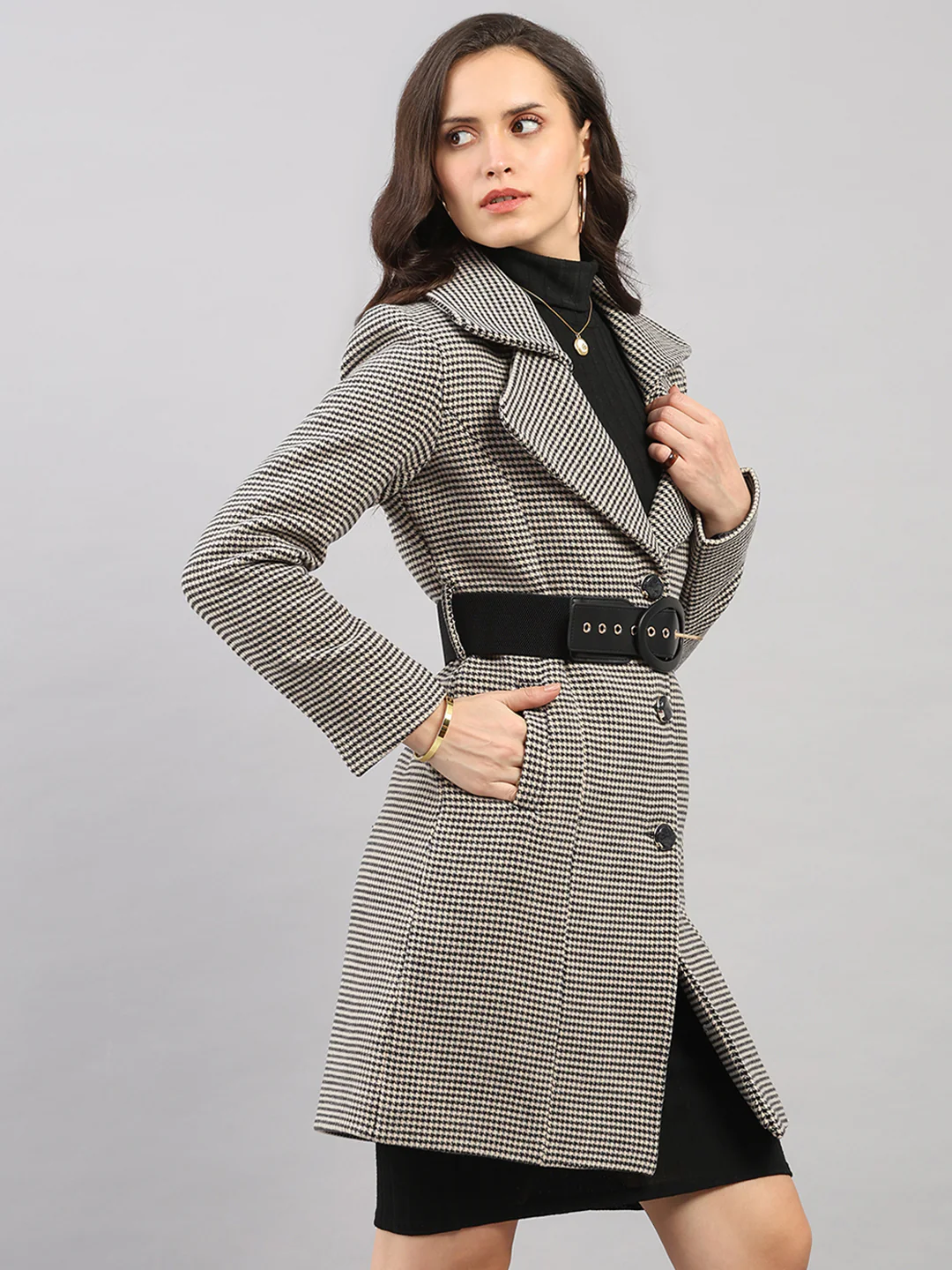 Women Black Jacquard Lapel Collar Full Sleeve Belted Long Coat - Image 4