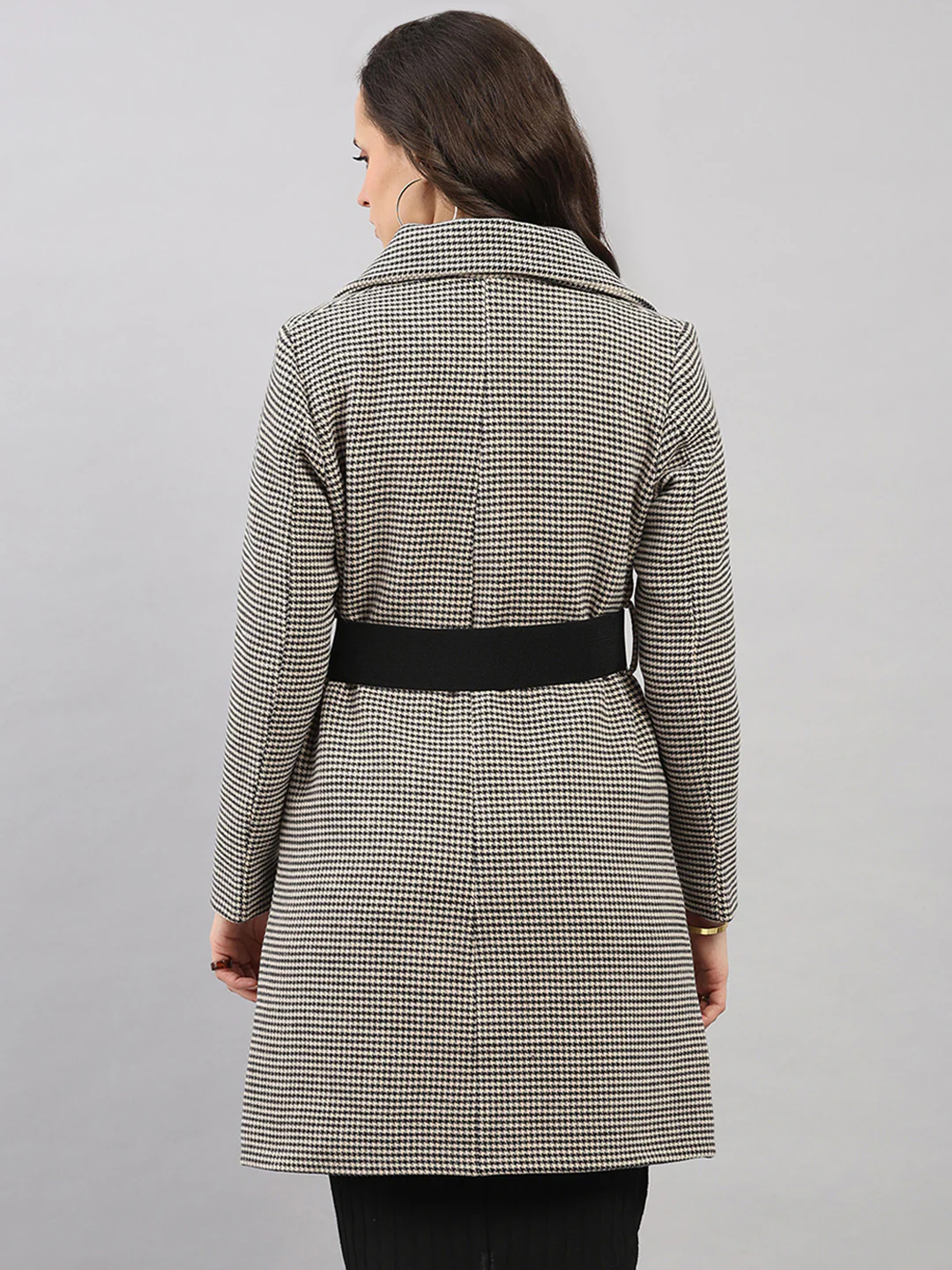 Women Black Jacquard Lapel Collar Full Sleeve Belted Long Coat - Image 5