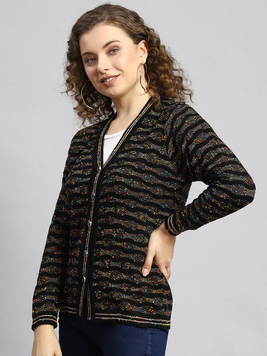 Women Black Jaquard Cardigan - Image 4