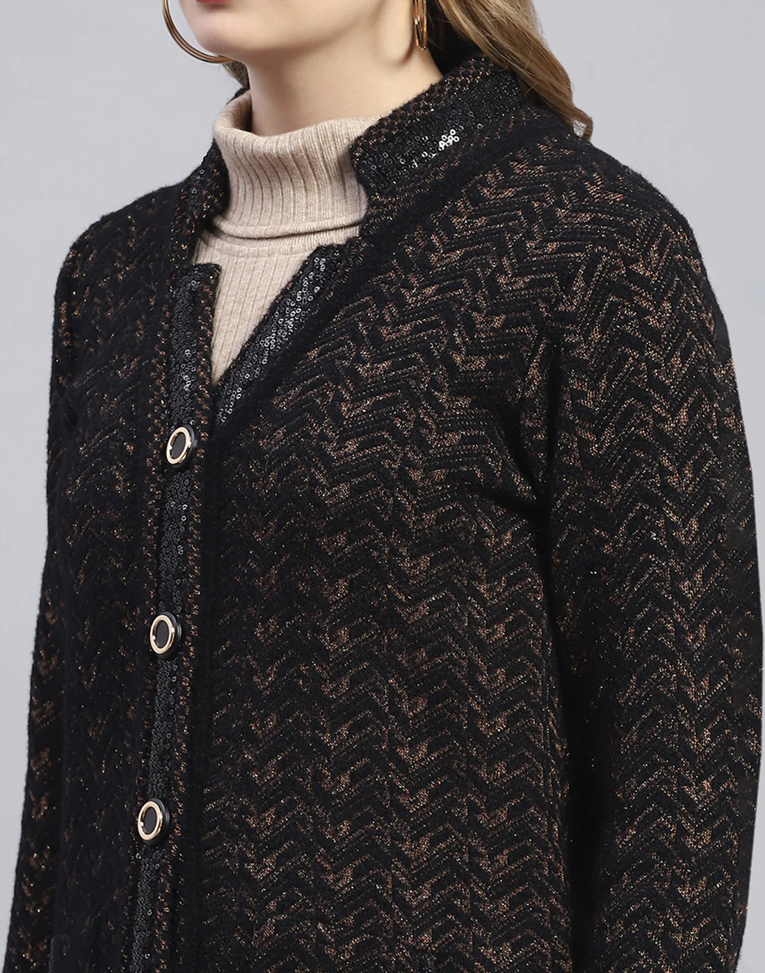 Women Black Jaquard V Neck Full Sleeve Cardigan - Image 7