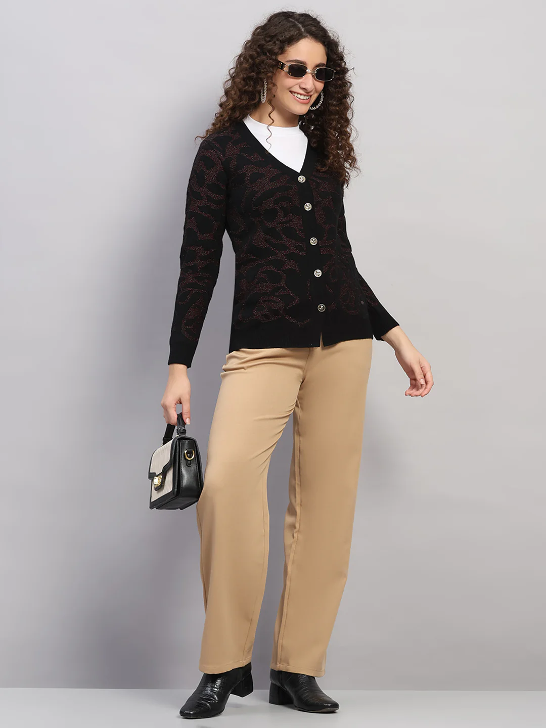 Women Black Jaquard V Neck Full Sleeve Cardigan - Image 2