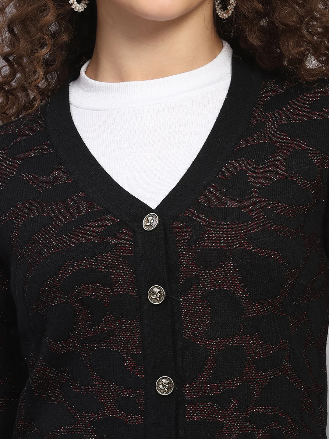 Women Black Jaquard V Neck Full Sleeve Cardigan - Image 6