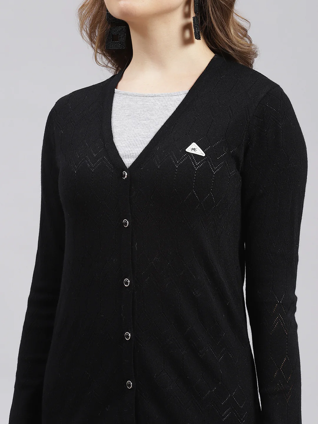 Women Black Jaquard Wool blend Cardigan - Image 6