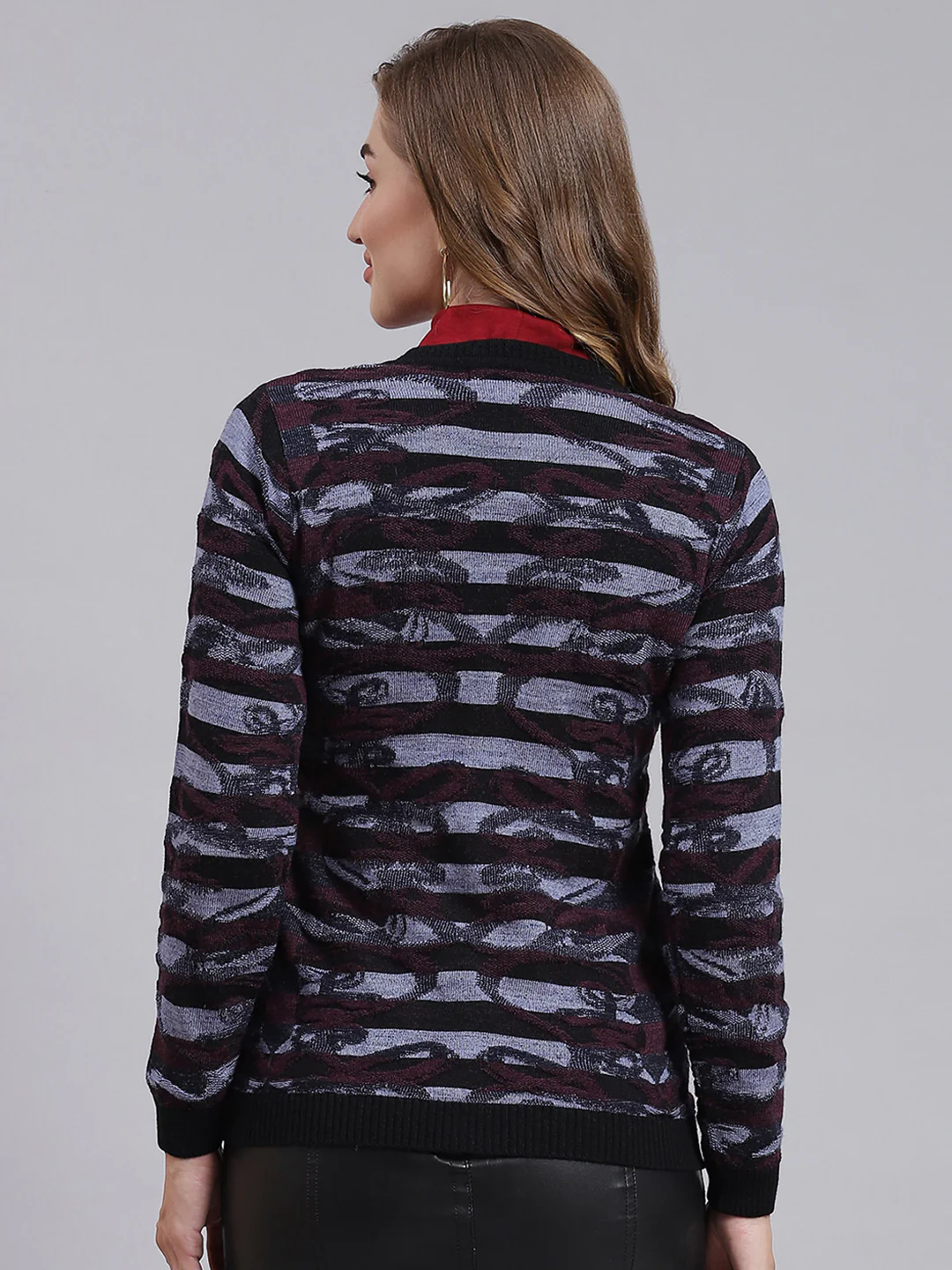 Women Black Jaquard Wool blend Cardigan - Image 5