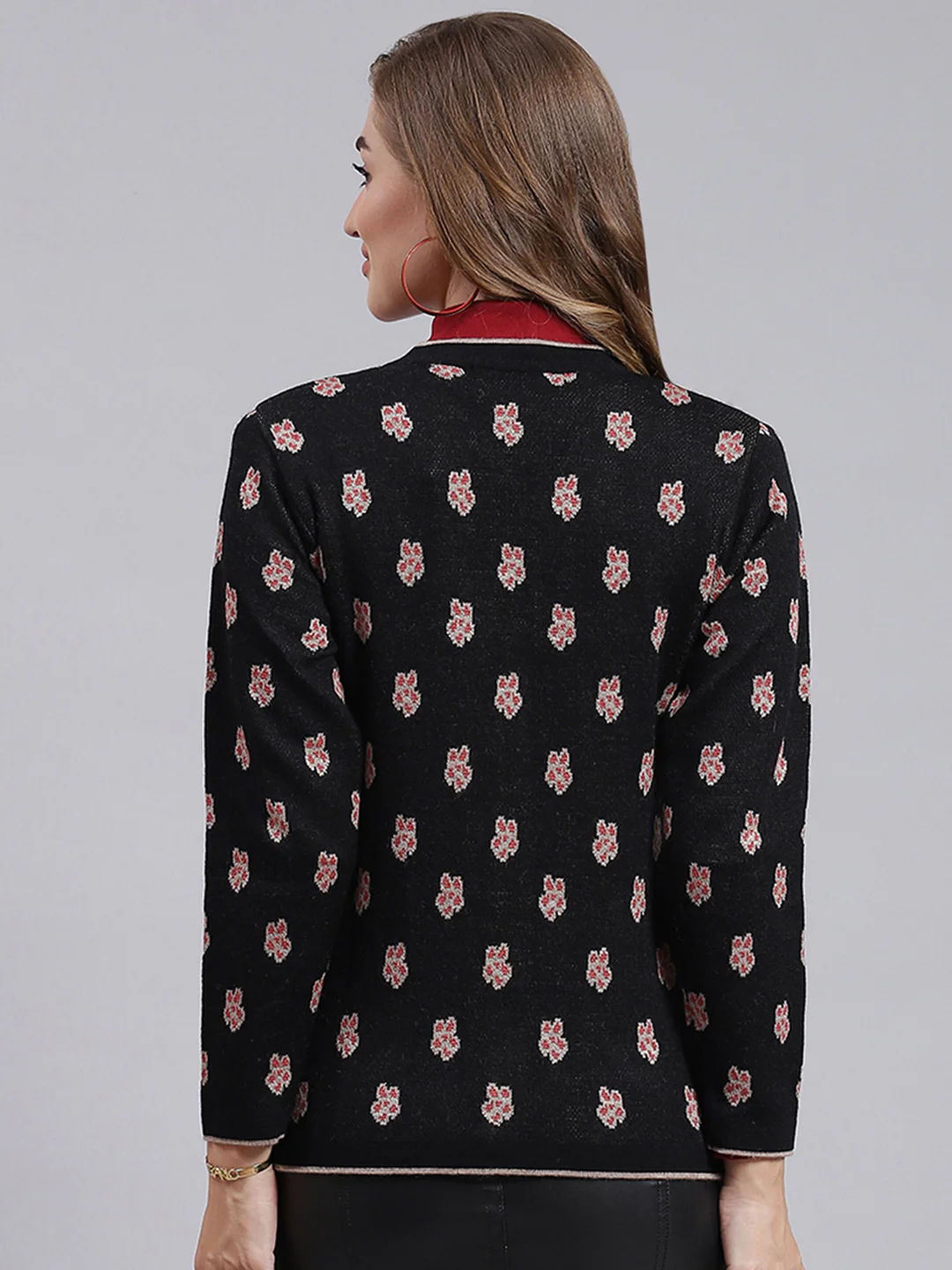 Women Black Jaquard Wool blend Cardigan - Image 5