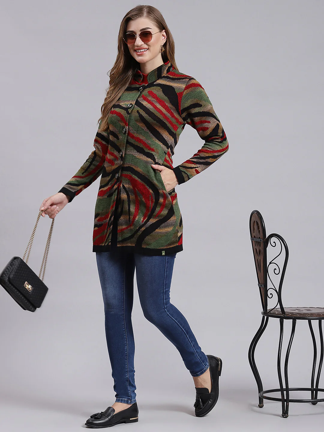 Women Black Jaquard Wool blend Knitted Coat - Image 5