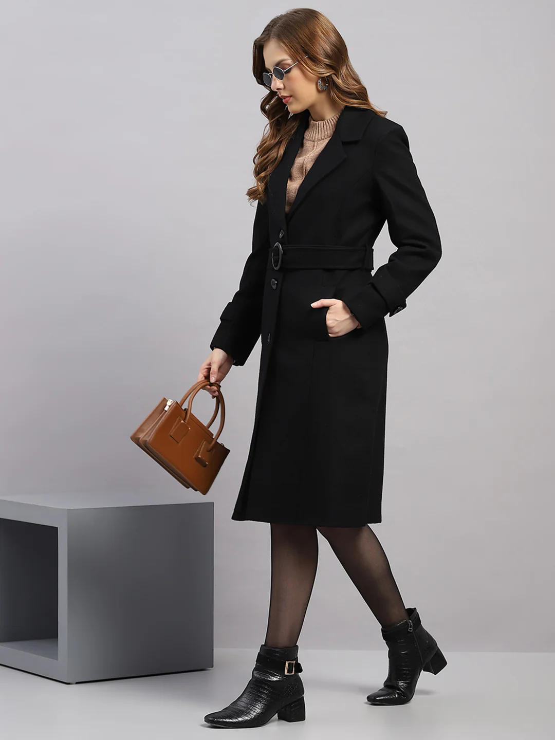 Women Black Luxury Classic Extra-Long Belted Coat - Image 2
