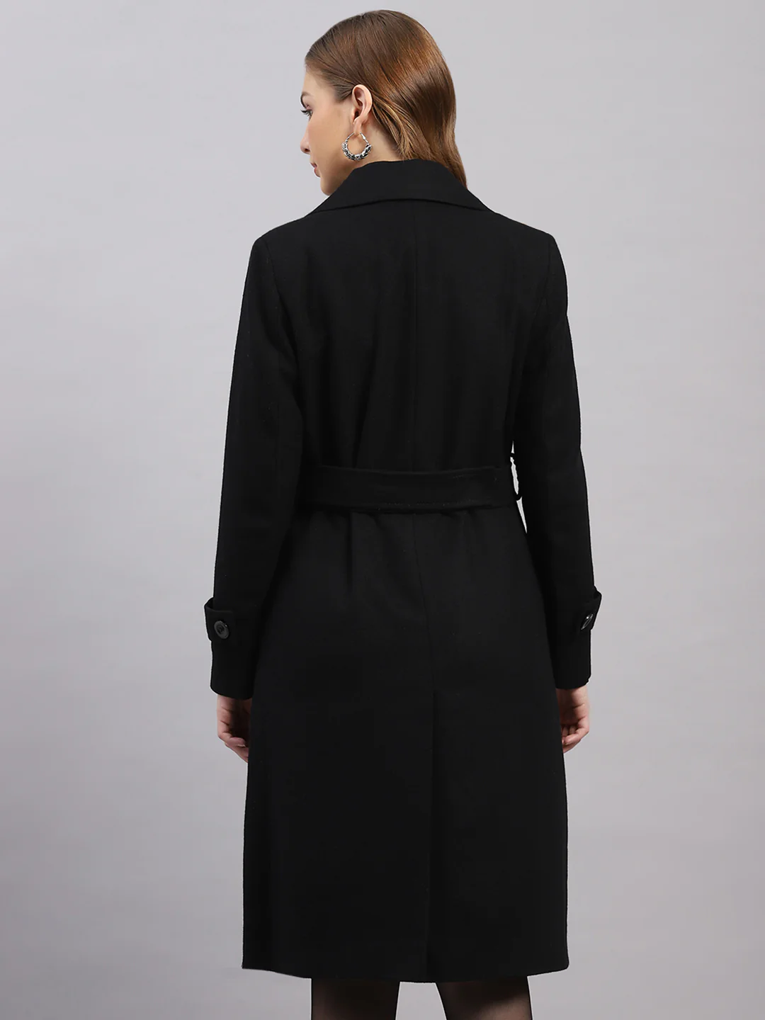 Women Black Luxury Classic Extra-Long Belted Coat - Image 5