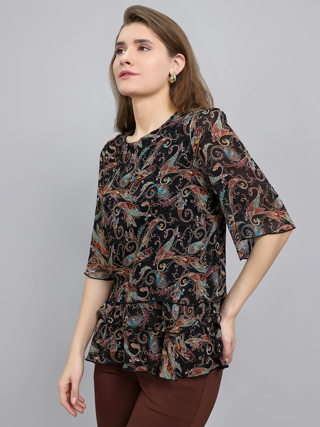 Women Black Paisley Print Fashion Neck 3/4th Sleeve Top - Image 2