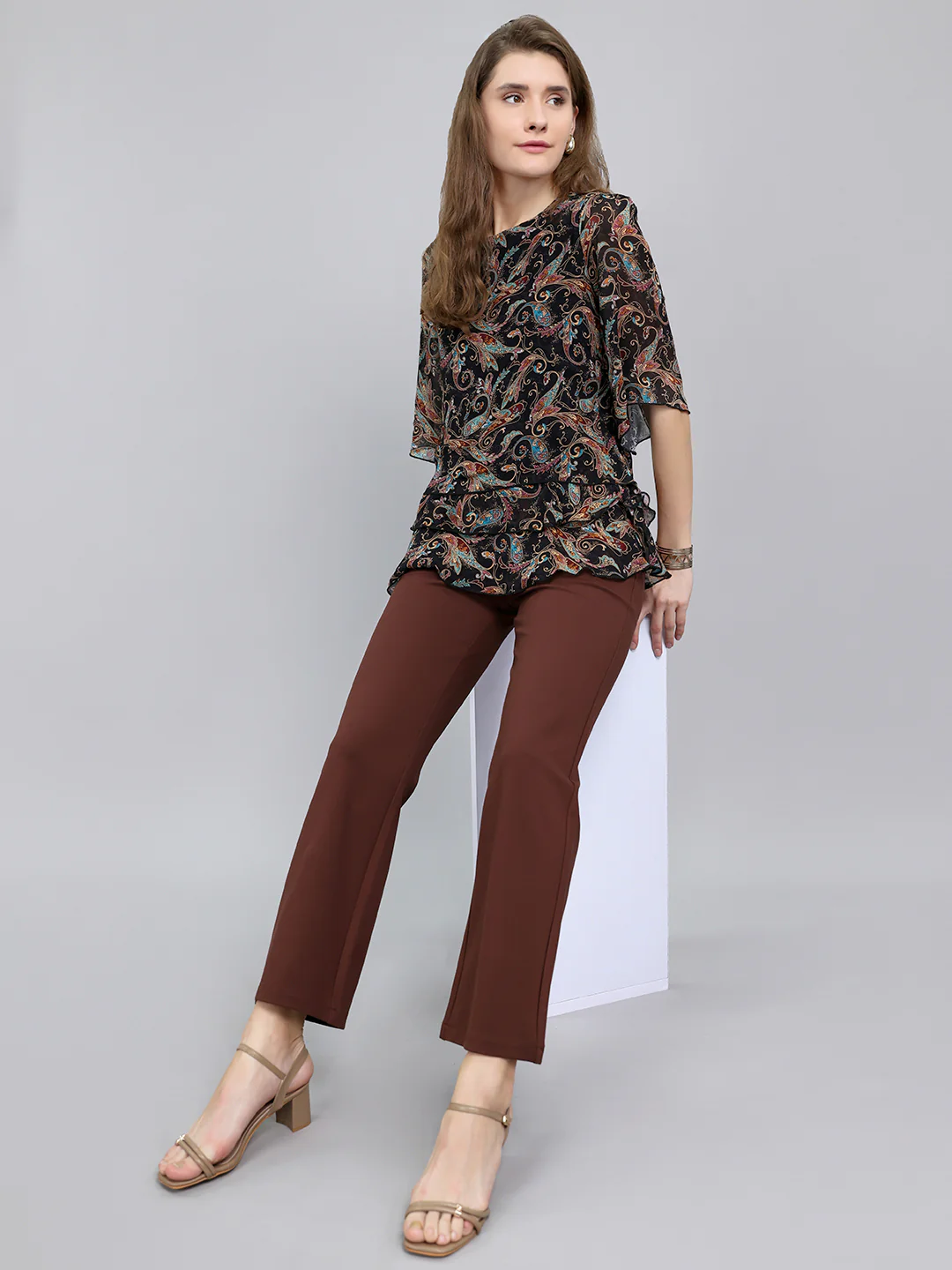 Women Black Paisley Print Fashion Neck 3/4th Sleeve Top - Image 5