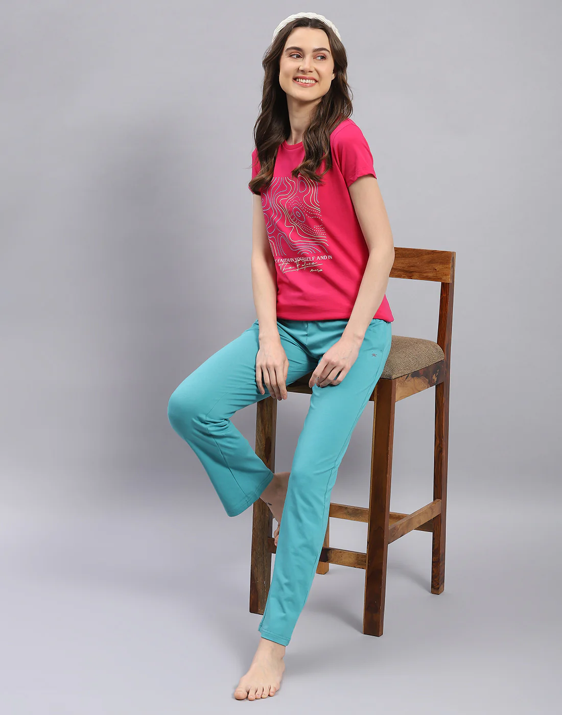 Women Black & Pink Printed Round Neck Half Sleeve Top 2 Pc Set - Image 2