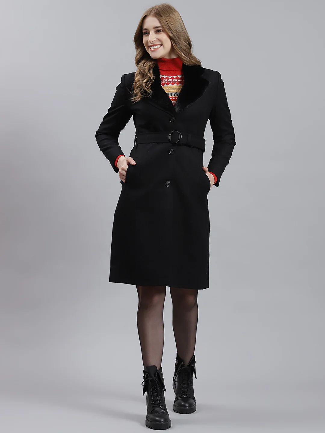Women Black Plain Long Coat - Image 2