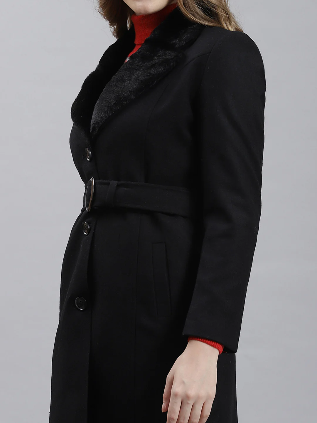 Women Black Plain Long Coat - Image 6