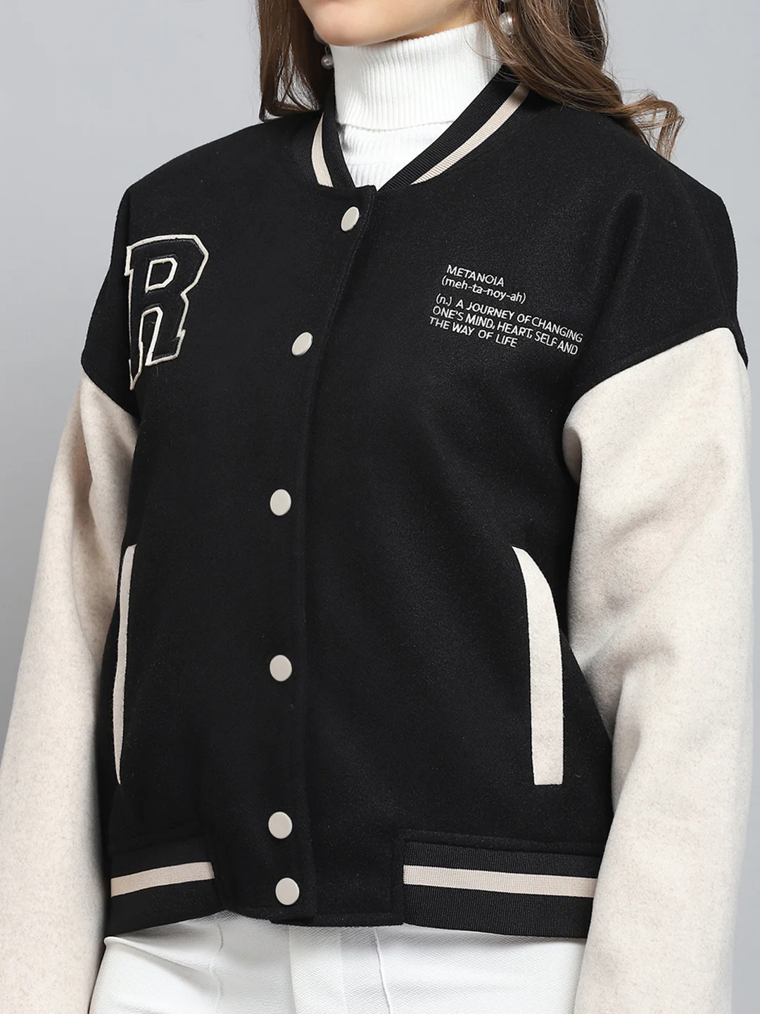 Rock.it Women Black Printed Band Collar Full Sleeve Jacket - Image 7