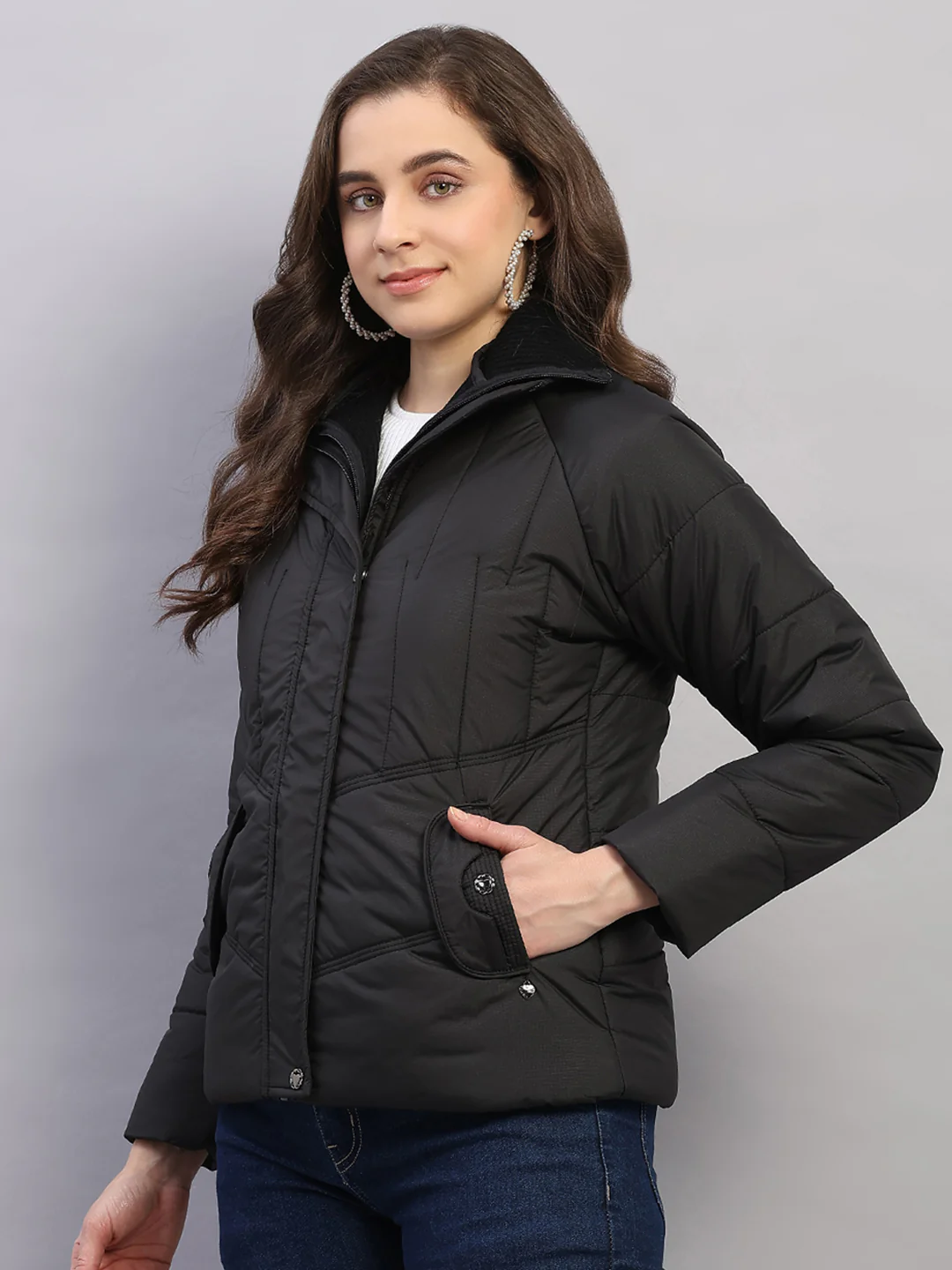 Women Black Printed Collar Full Sleeve Jacket - Image 3