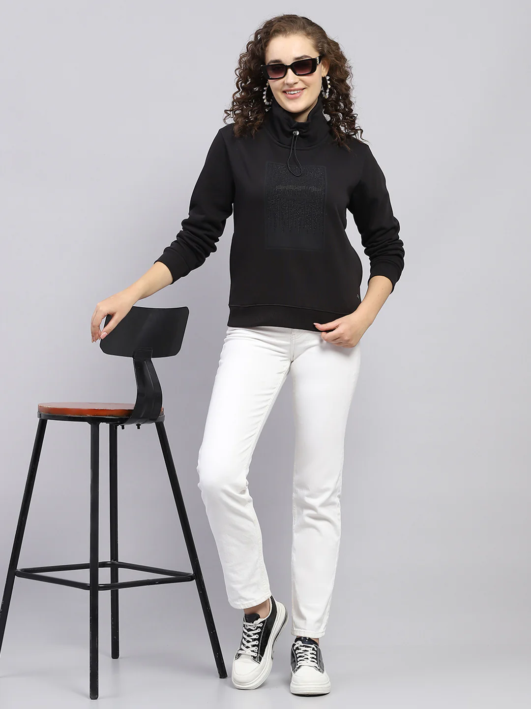 Women Black Printed High Neck Full Sleeve Sweatshirt - Image 2