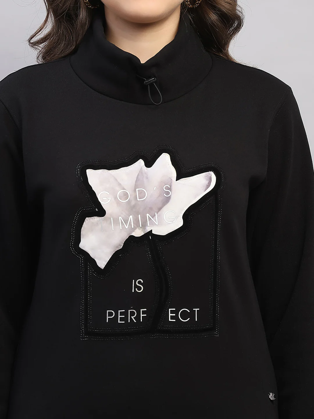 Women Black Printed High Neck Full Sleeve Sweatshirt - Image 7