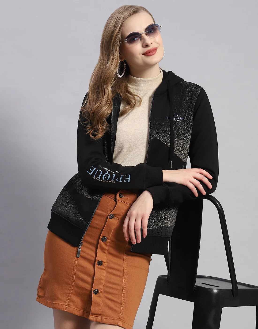 Women Black Printed Hooded Full Sleeve Sweatshirt - Image 6