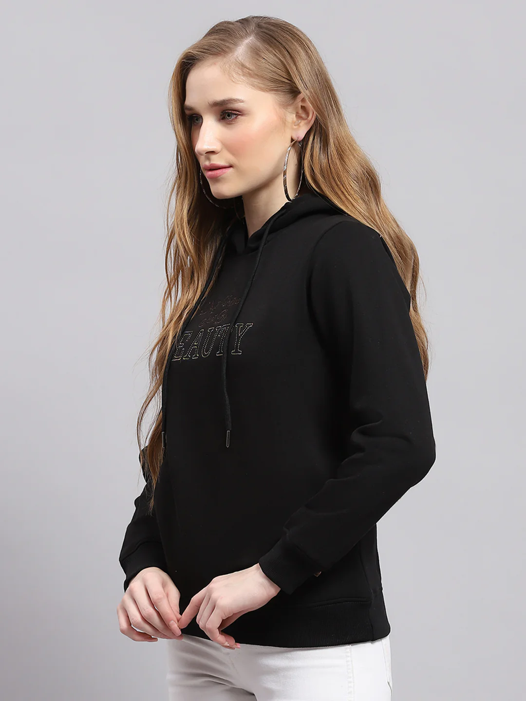 Women Black Printed Hooded Full Sleeve Sweatshirt - Image 3