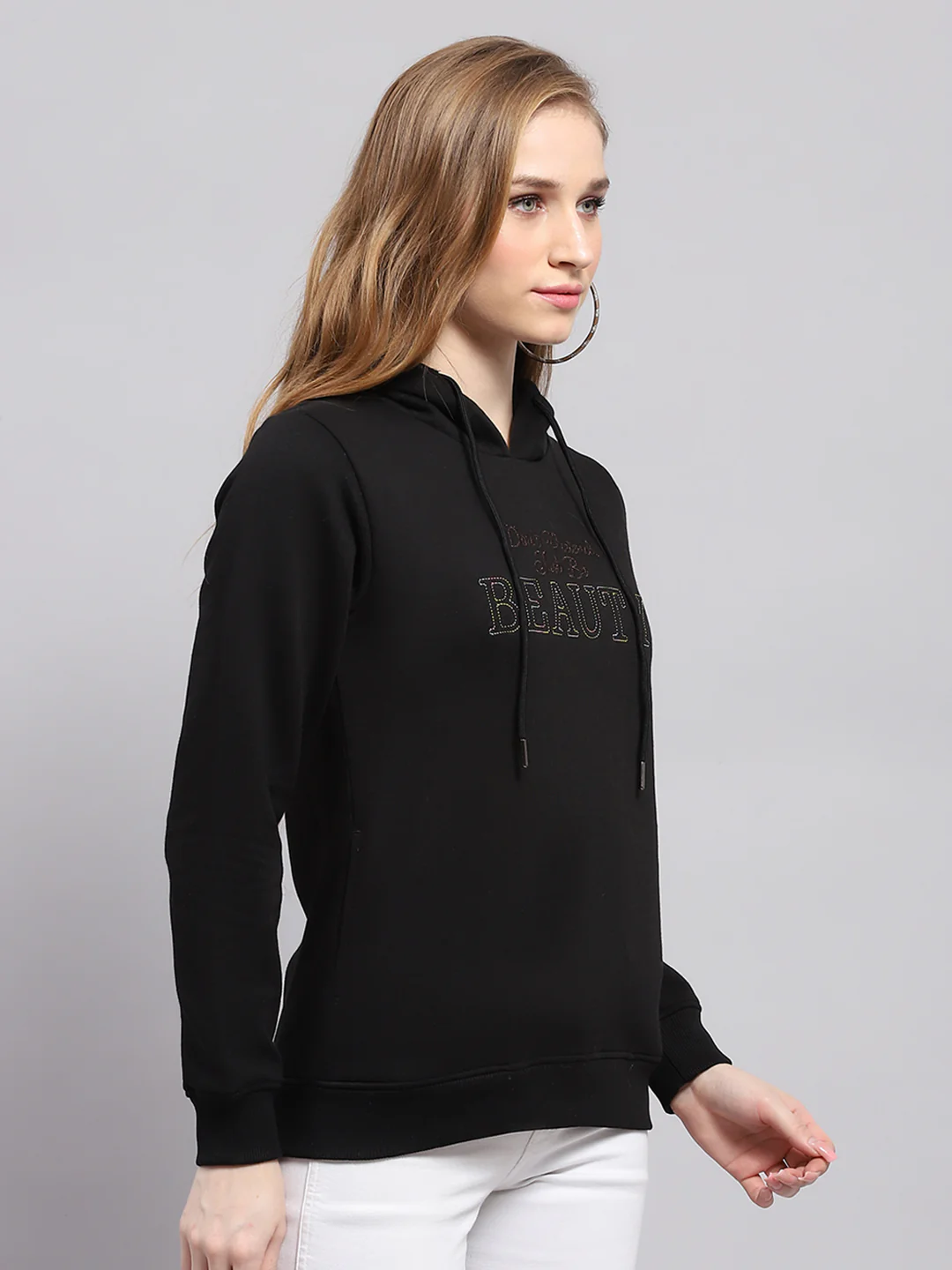 Women Black Printed Hooded Full Sleeve Sweatshirt - Image 4