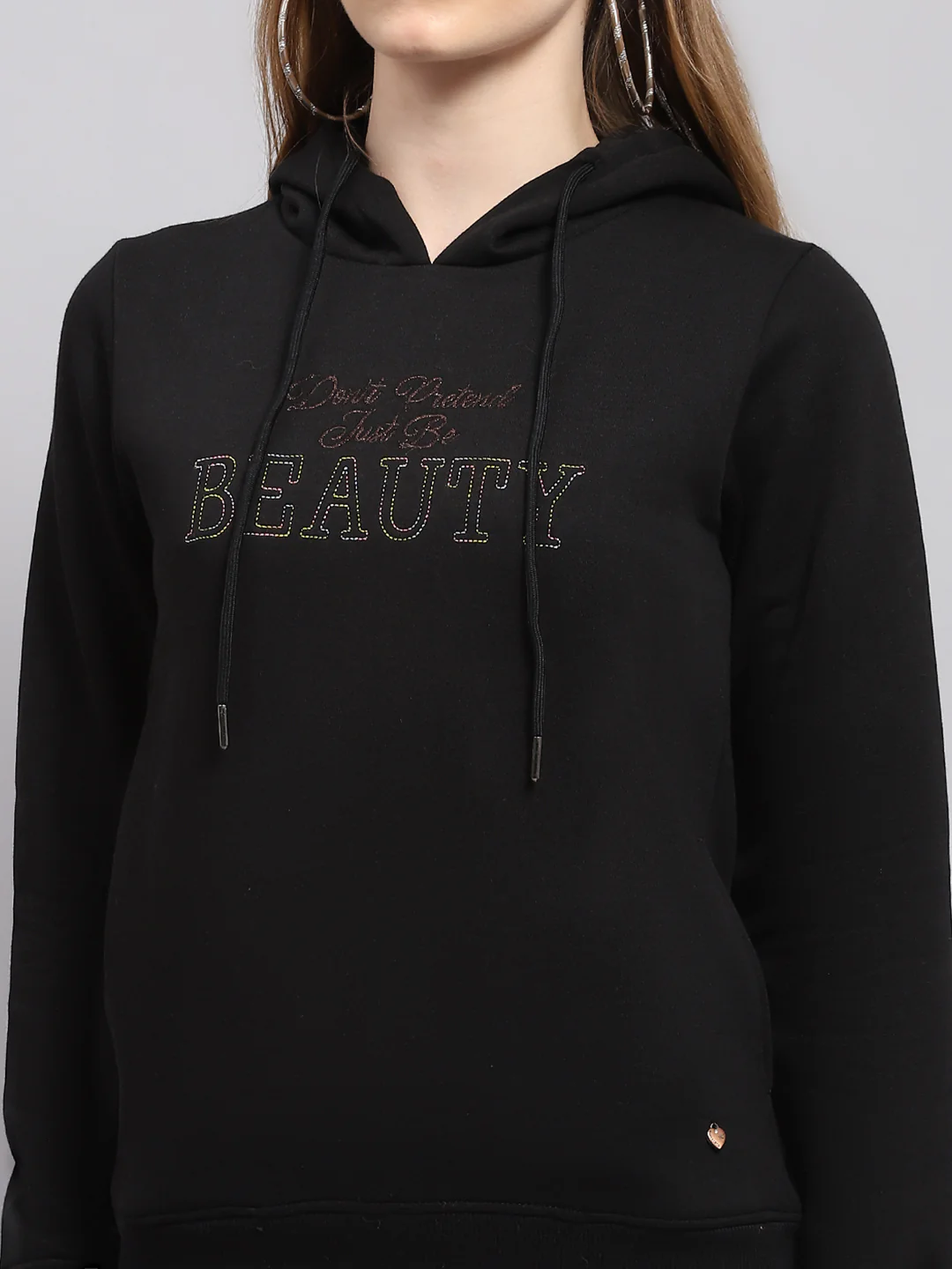 Women Black Printed Hooded Full Sleeve Sweatshirt - Image 6