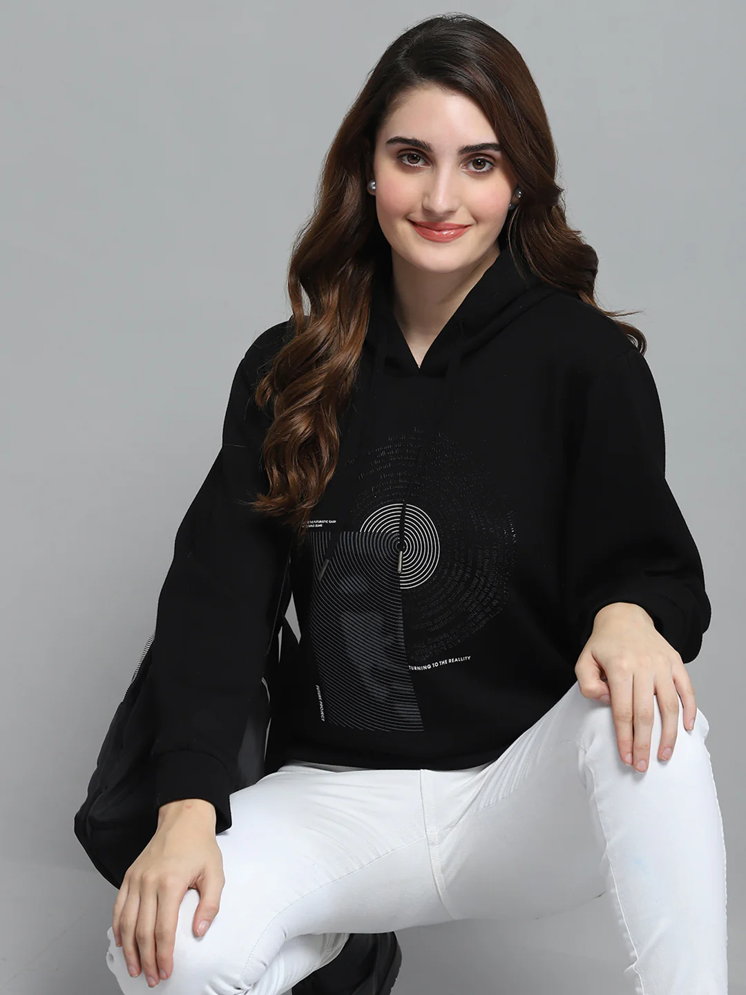 Women Black Printed Hooded Full Sleeve Sweatshirt - Image 6