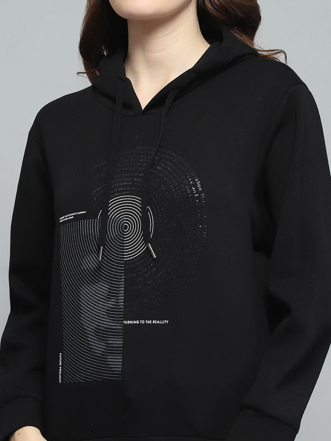 Women Black Printed Hooded Full Sleeve Sweatshirt - Image 7