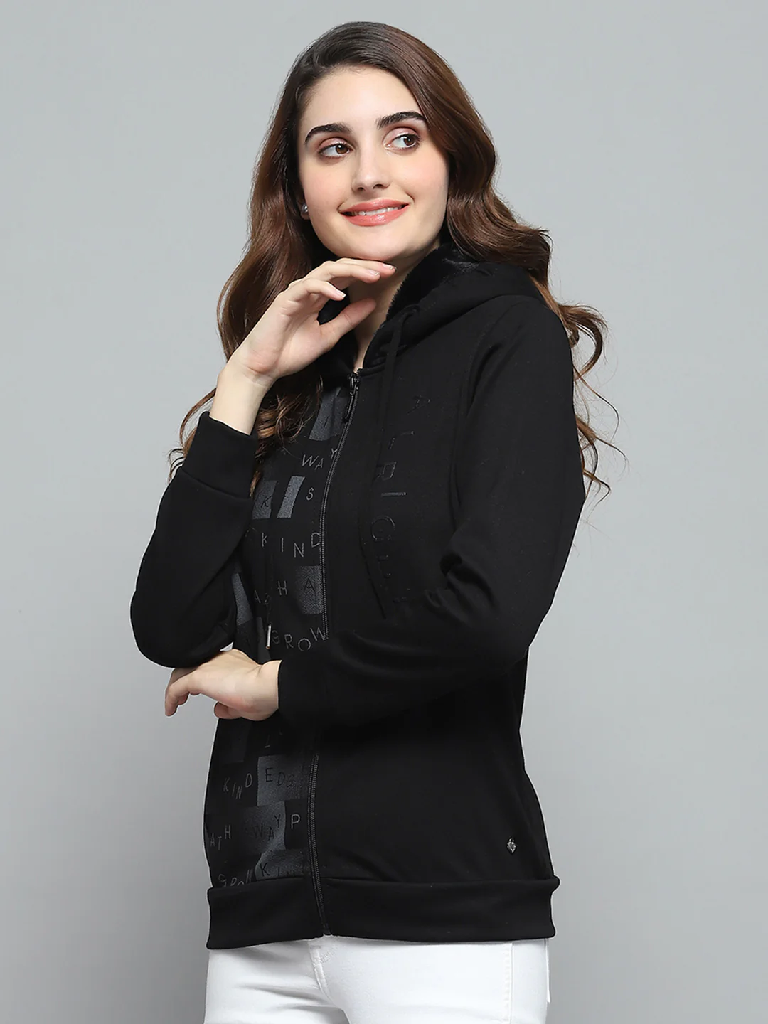 Women Black Printed Hooded Full Sleeve Sweatshirt - Image 3