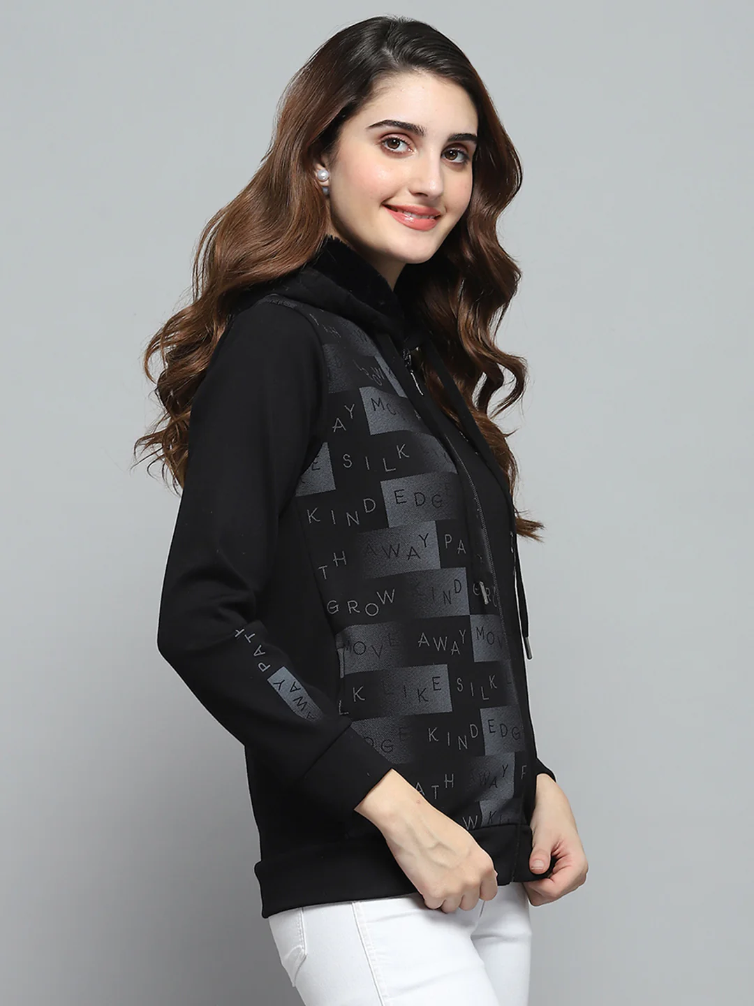 Women Black Printed Hooded Full Sleeve Sweatshirt - Image 4