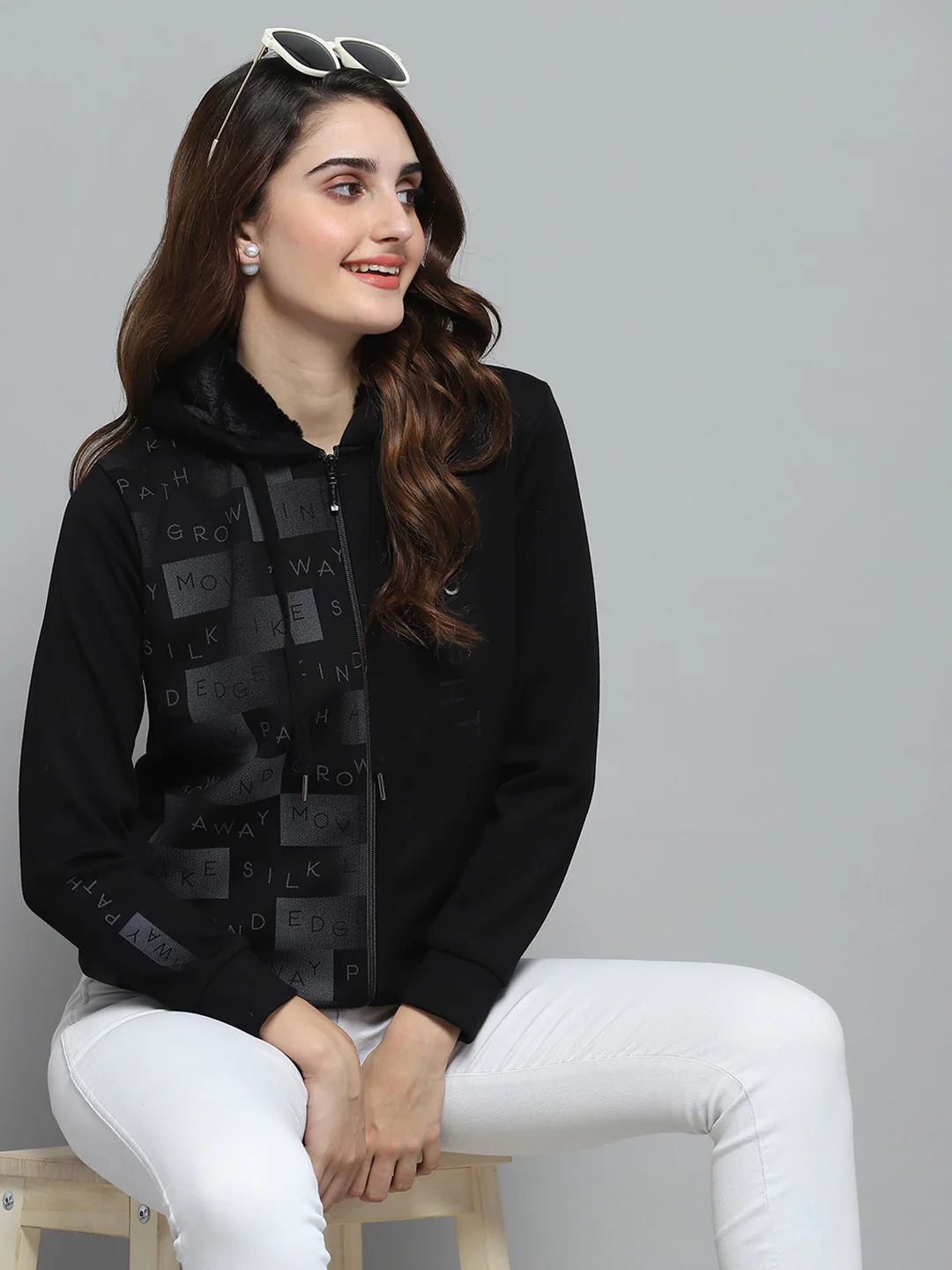 Women Black Printed Hooded Full Sleeve Sweatshirt - Image 6