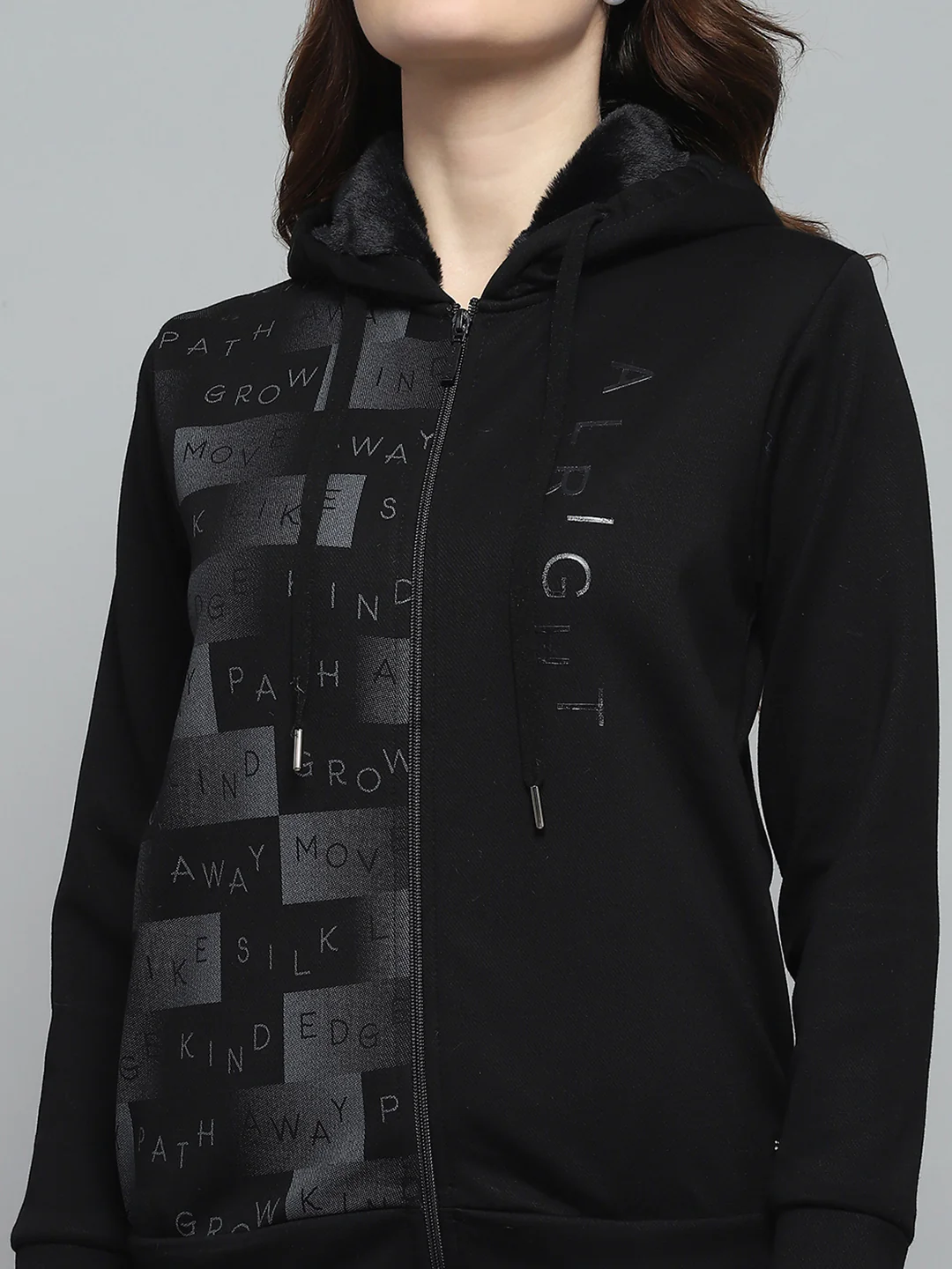 Women Black Printed Hooded Full Sleeve Sweatshirt - Image 7