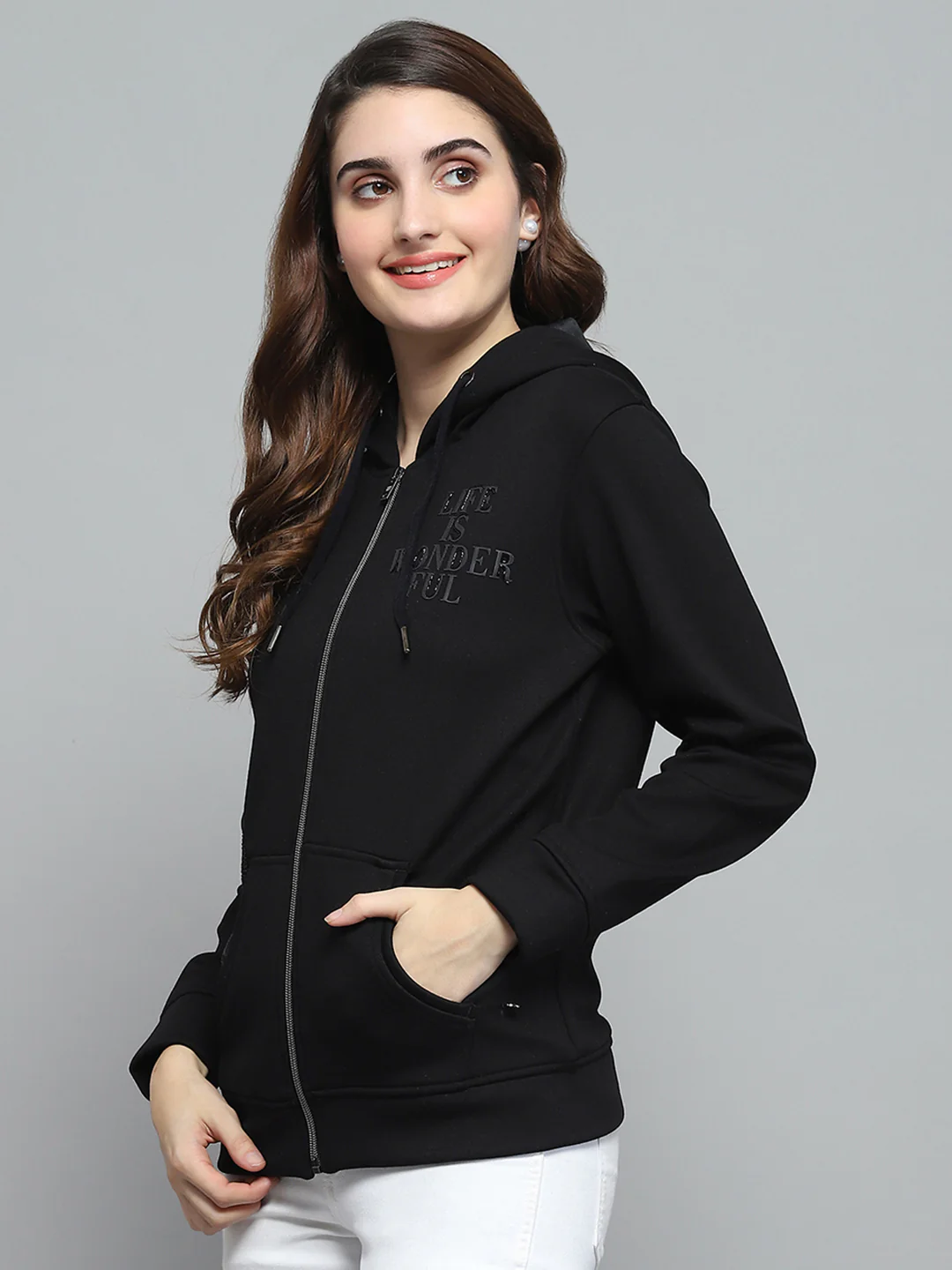 Women Black Printed Hooded Full Sleeve Sweatshirt - Image 3