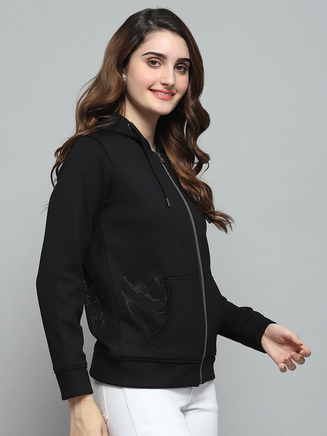 Women Black Printed Hooded Full Sleeve Sweatshirt - Image 4