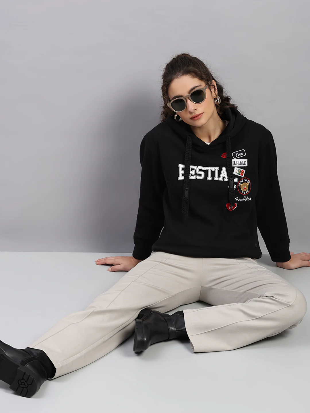Women Black Printed Hooded Full Sleeve Sweatshirt - Image 2