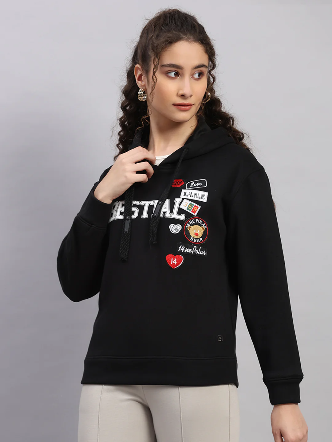 Women Black Printed Hooded Full Sleeve Sweatshirt - Image 3