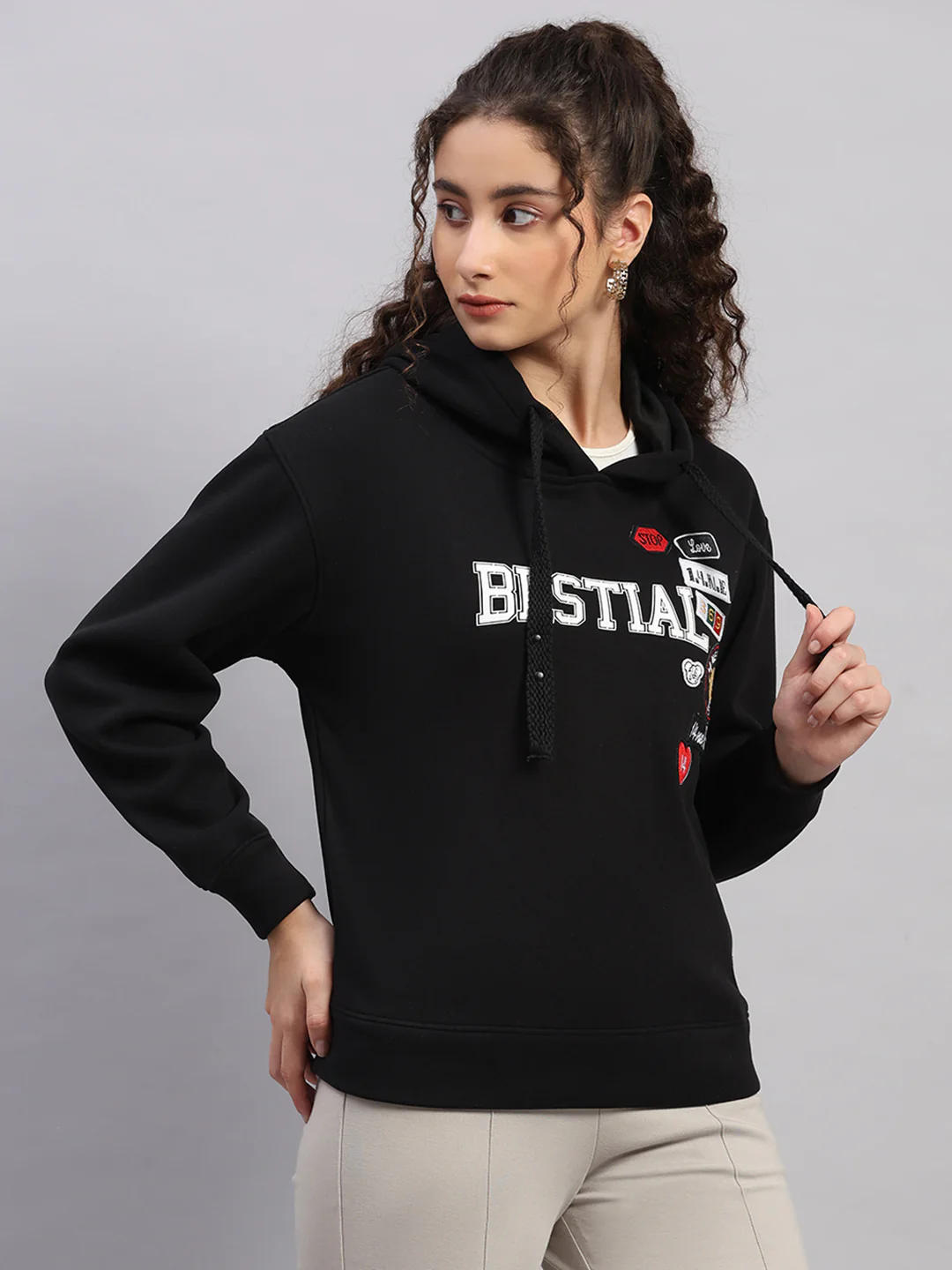 Women Black Printed Hooded Full Sleeve Sweatshirt - Image 4