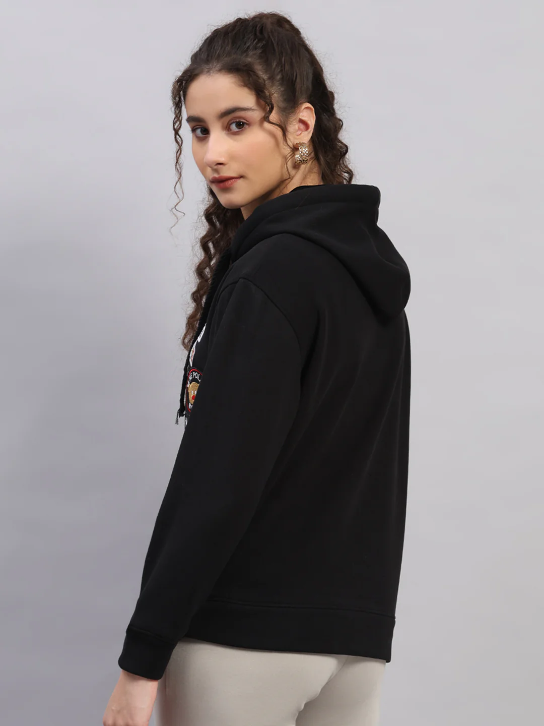 Women Black Printed Hooded Full Sleeve Sweatshirt - Image 5