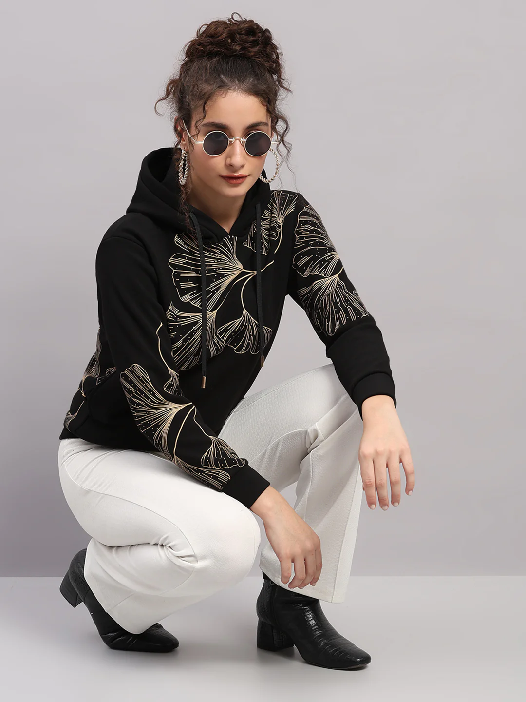 Women Black Printed Hooded Full Sleeve Sweatshirt - Image 2
