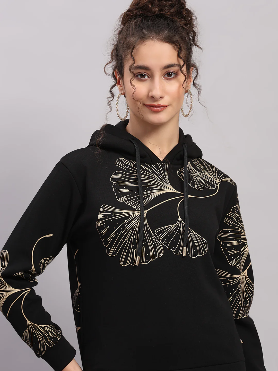 Women Black Printed Hooded Full Sleeve Sweatshirt - Image 6