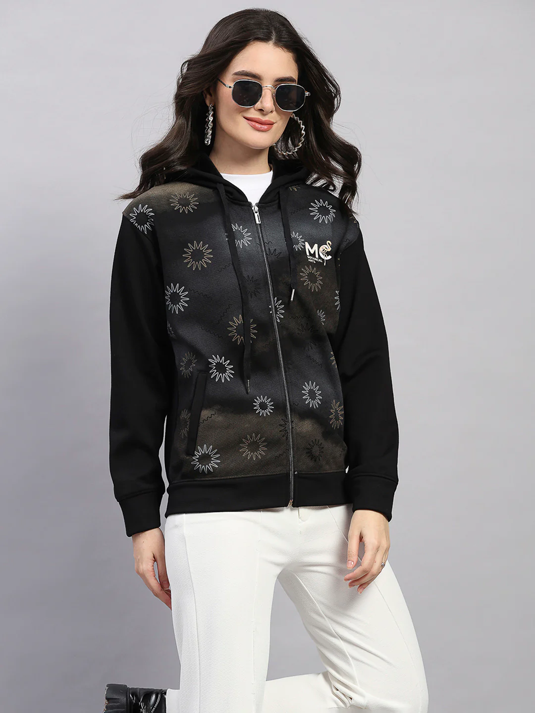 Women Black Printed Hooded Full Sleeve Sweatshirt - Image 6