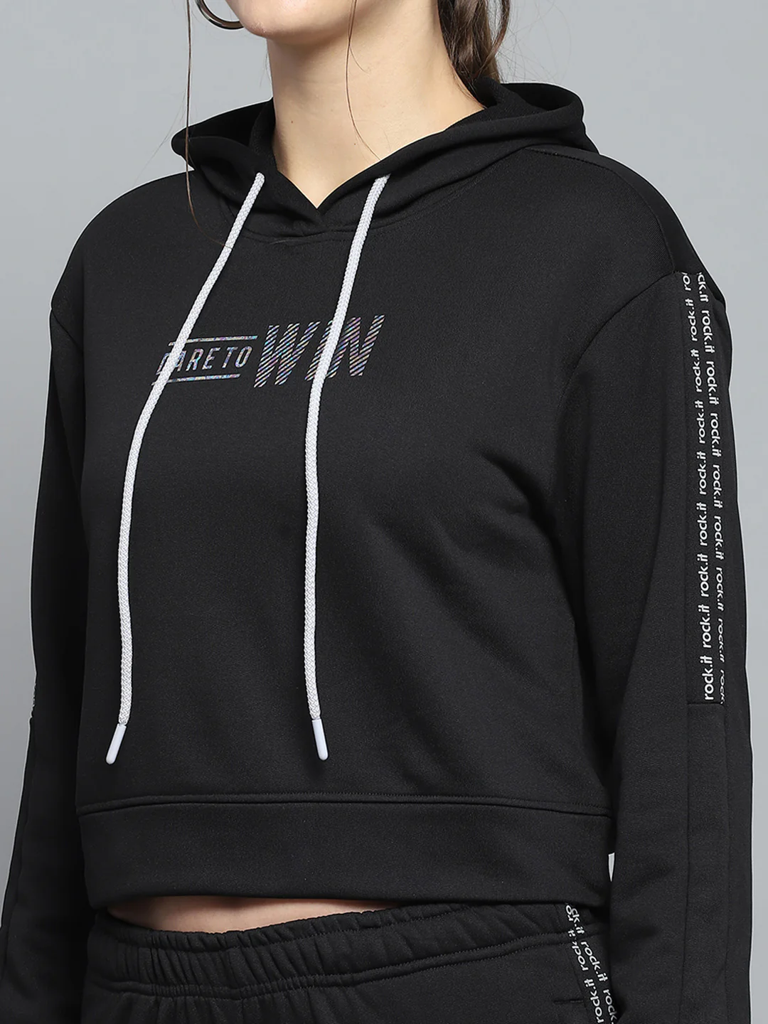 Rock.it Women Black Printed Hooded Full Sleeve Tracksuit - Image 7