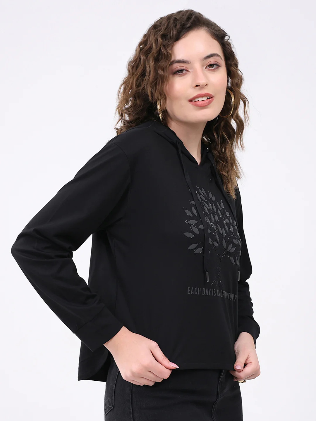Women Black Printed Hooded Full Sleeve Winter Top - Image 4