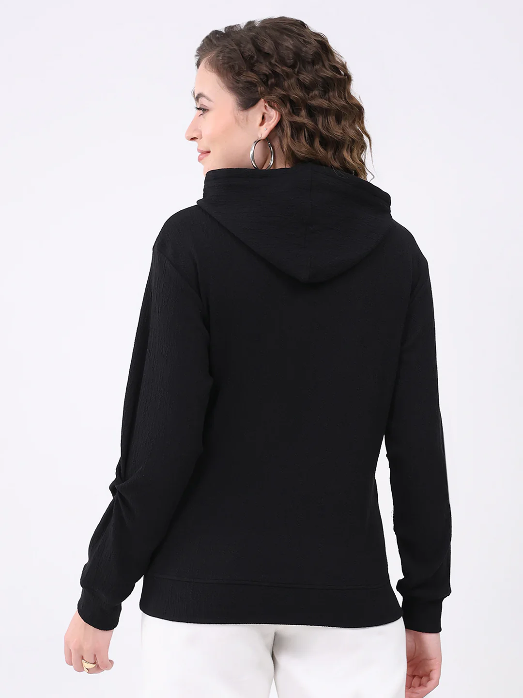 Women Black Printed Hooded Full Sleeve Winter Top - Image 5
